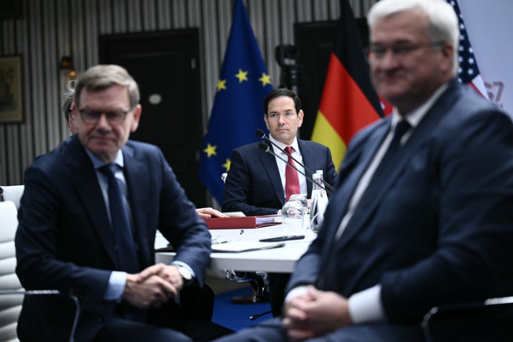U.S. Secretary of State Marco Rubio, centre, Germany's Foreign Minister Johann Wadephul, left, and Ukraine's Foreign Minister Andriy Sybiga attend the G7 Foreign Ministers' meeting at the Vaux-de-Cernay Abbey in Cernay-la-Ville outside Paris, on March 27, 2026. Rubio still has work to do to smooth things over with allies like those in Europe that have faced criticism or outright threats from Donald Trump and others in his administration.