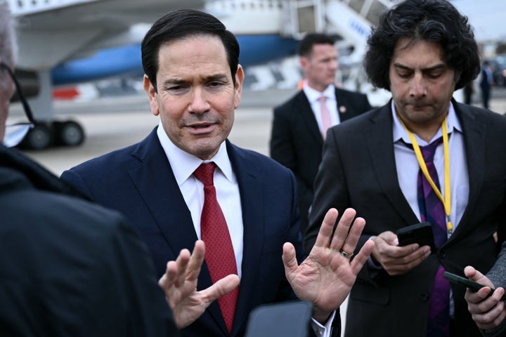 US Secretary of State Marco Rubio gestures as he speaks to the press following a G7 Foreign Ministers' meeting with Partner Countries before his departure at the Bourget airport in Le Bourget, outside Paris, on March 27, 2026. Foreign ministers from the G7 will take part part in a two-day meeting with European nations and allies seeking to narrow differences with the US on the Middle East war while keeping other crises like Ukraine and Gaza high on the agenda. (Photo by Brendan SMIALOWSKI / POOL / AFP via Getty Images)