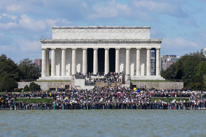 Demonstrators gather at the Lincoln Memorial during the "No Kings" national day of protest in Washington, D.C.