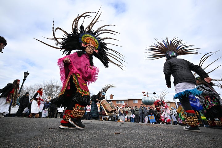 Maryanne Quiroz, lead dancer with Kalpulli Yaocenoxtli, performs at Western Park during the "No Kings" protest in St. Paul, Minnesota.