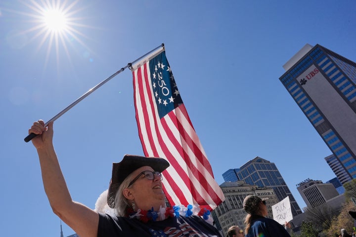 Jean Wilson demonstrates during a "No Kings" protest in Nashville, Tennessee.