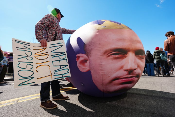 Demonstrators rally against White House Deputy Chief of Staff Stephen Miller during the "No Kings" national day of protest in Washington, DC, on March 28, 2026. Nationwide protests against US President Donald Trump are expected Saturday as millions of people vent fury over what they see as his authoritarian bent and other forms of cruel, law-trampling governance. It is the third time in less than a year that Americans will take to the streets as part of a grassroots movement called "No Kings," the most vocal and visual conduit for opposition to Trump since he began his second term in January 2025. (Photo by Aaron Schwartz / AFP via Getty Images)