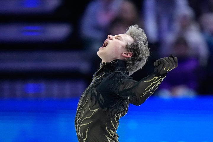 Ilia Malinin reacts after competing in men's free skating at the Figure Skating World Championships in Prague, Czech Republic on Saturday.