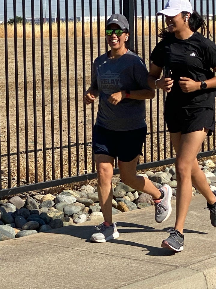 The author (left) running with her college-bound daughter in 2025