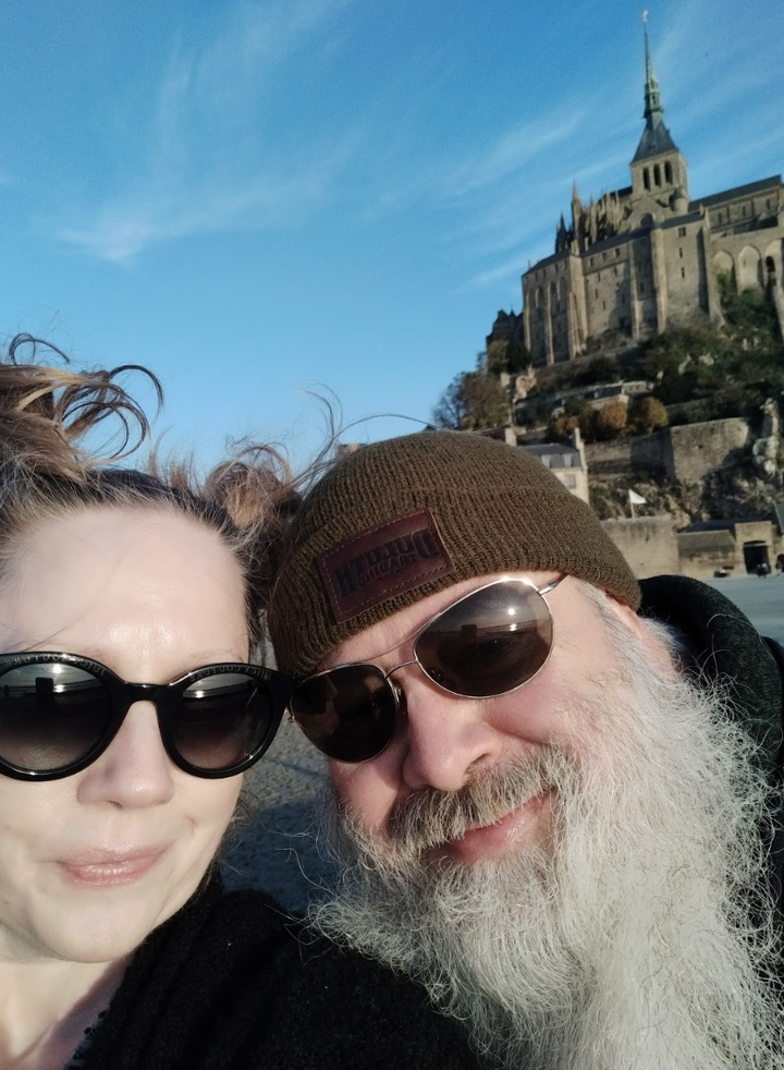 The author and her husband at Le Mont St. Michel in France where they were married for the fifth time.