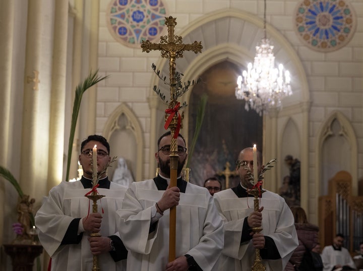 Christians in East Jerusalem attend the March 29, 2026, Palm Sunday service organized by the Latin Patriarchate of Jerusalem.