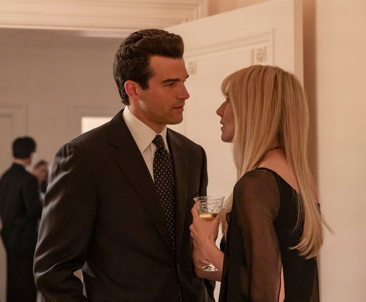 Paul Anthony Kelly, left, and Dree Hemingway portray JFK Jr. and Daryl Hannah on "Love Story: John F. Kennedy Jr. & Carolyn Bessette."