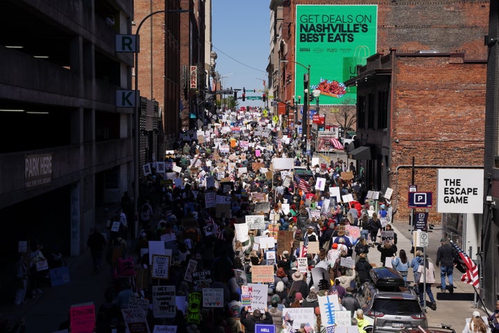 Thousands gather near downtown Nashville as part of the nation-wide “No Kings” protests on March 28, 2026.