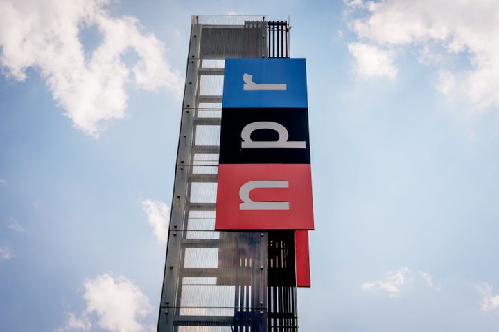 View of the sign outside National Public Radio headquarters on July 22, 2025 in Washington, DC. (Photo by Andrew Harnik/Getty Images)