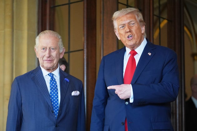 President Donald Trump gestures next to Britain's King Charles III before leaving Windsor Castle, Windsor, England, Thursday, Sept. 18, 2025.