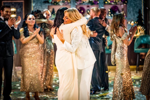 Claudia Winkleman and Tess Daly sharing a hug during their last time hosting Strictly Come Dancing together