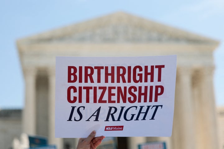 Demonstrators rally in support of birthright citizenship outside the US Supreme Court in Washington, D.C., on April 1. President Donald Trump attended in person as the US Supreme Court heard a landmark case weighing the constitutionality of his contentious bid to end birthright citizenship.