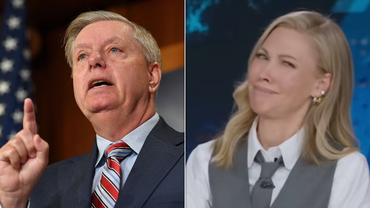 Sen. Lindsey Graham (R-S.C.), left, and Desi Lydic, right, on “The Daily Show” Tuesday.