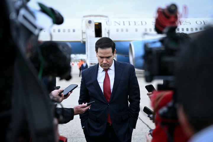 U.S. Secretary of State Marco Rubio looks on as he speaks to the press following a G7 Foreign Ministers' meeting with Partner Countries before his departure at the Bourget airport in Le Bourget, outside Paris, on March 27, 2026. (Photo by Brendan SMIALOWSKI / POOL / AFP via Getty Images)