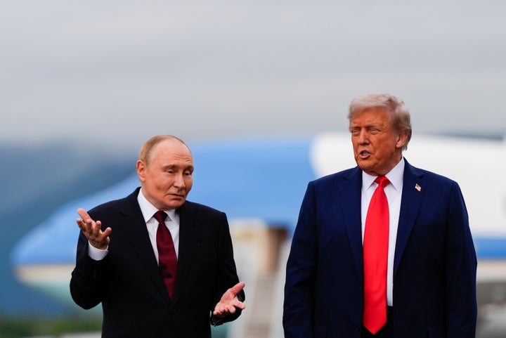 President Donald Trump and Russia's President Vladimir Putin talk, Aug. 15, 2025, at Joint Base Elmendorf-Richardson, Alaska. (AP Photo/Julia Demaree Nikhinson, File)