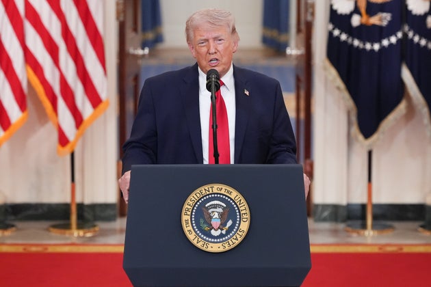U.S. President Donald Trump, during a primetime address to the nation in the Cross Hall of the White House in Washington, D.C., on Wednesday, April 1, 2026. 