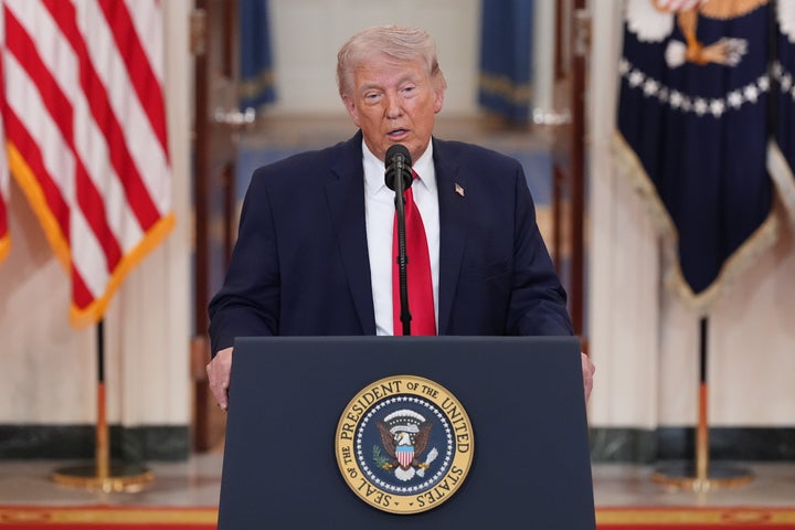 WASHINGTON, DC - APRIL 1: U.S. President Donald Trump speaks from the Cross Hall of the White House on April 1, 2026 in Washington, DC. Trump used the prime-time address to update the nation on the war in Iran.