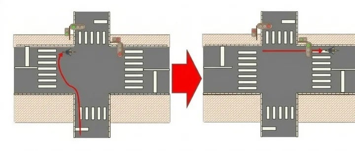 図の自転車の「右折」、正しい？それとも違反？「二段階右折」とは、4月から青切符【クイズ】