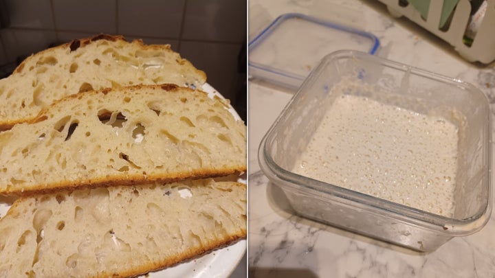some just-fine bread on the left: a starter that would probably be bubblier if I fed it more on the right