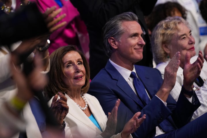 Rep. Nancy Pelosi and California Gov. Gavin Newsom attend the final day of the Democratic National Convention in 2024 in Chicago, Illinois.