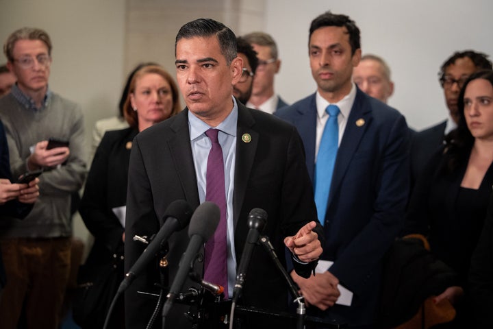 The House Oversight Committee's Ranking Member Robert Garcia (D-Calif.) speaks to reporters after Democrats walking out of a closed briefing by Attorney General Pam Bondi and Deputy Attorney General Todd Blanche in front of the committee at the Capitol in Washington, D.C., on March 18, 2026.