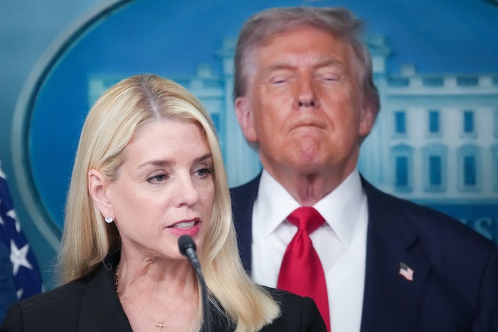 Pam Bondi delivers remarks as Trump looks on during a press conference at the White House in August 2025.