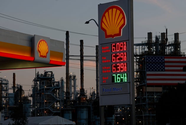 Gas prices over $6.00 are displayed at a Shell station across from the Marathon Petroleum Corp's Los Angeles Refinery on April 2 in Carson, California.