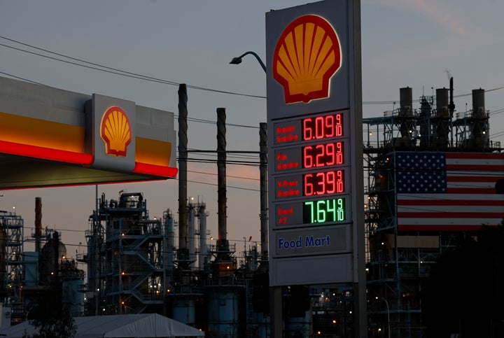 Gas prices over $6.00 are displayed at a Shell station across from the Marathon Petroleum Corp's Los Angeles Refinery on April 2 in Carson, California.