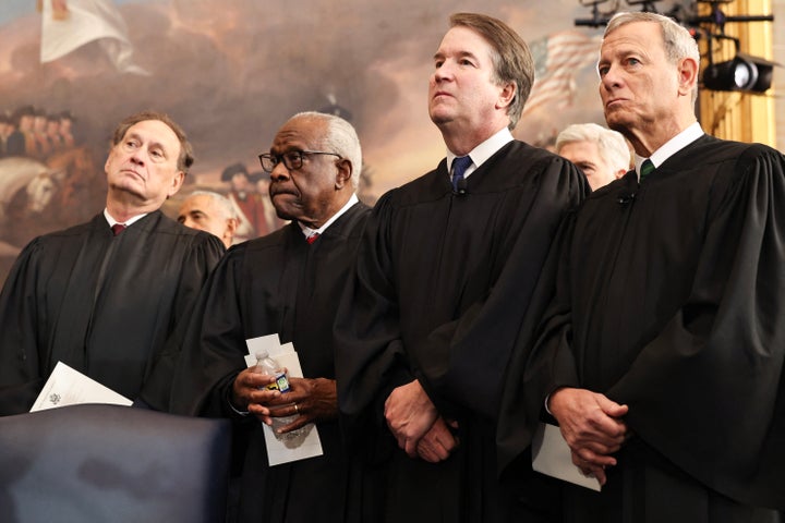 (From L-R) US Associate Supreme Court Justices Samuel Alito, Jr., Clarence Thomas and Brett Kavanaugh and U.S. Supreme Court Chief Justice John Roberts look on during inauguration ceremonies in the Rotunda of the U.S. Capitol on January 20, 2025 in Washington, DC. Donald Trump takes office for his second term as the 47th president of the United States.