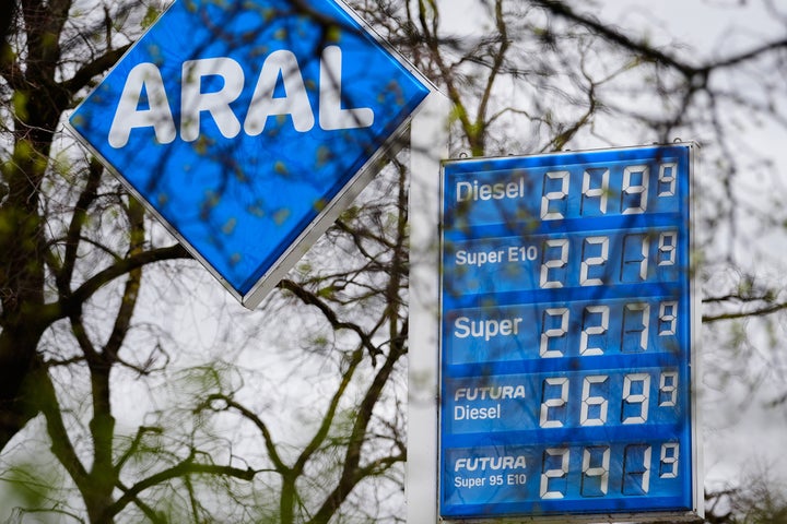 Gas prices are displayed at a patrol station in Munich, Germany, Saturday, April 4, 2026. (AP Photo/Matthias Schrader)