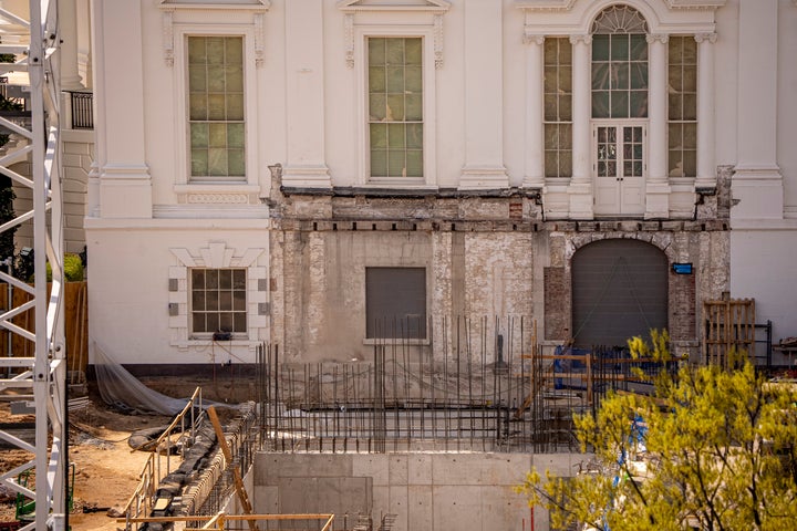 WASHINGTON, DC - APRIL 1: A deep hole is visible as construction work has been ordered halted on President Trump's White House Ballroom on the site of the former East Wing of the White House on April 1, 2026 in Washington, DC. A federal judge has temporarily blocked construction of the new ballroom "unless and until Congress blesses this project." (Photo by Andrew Harnik/Getty Images)