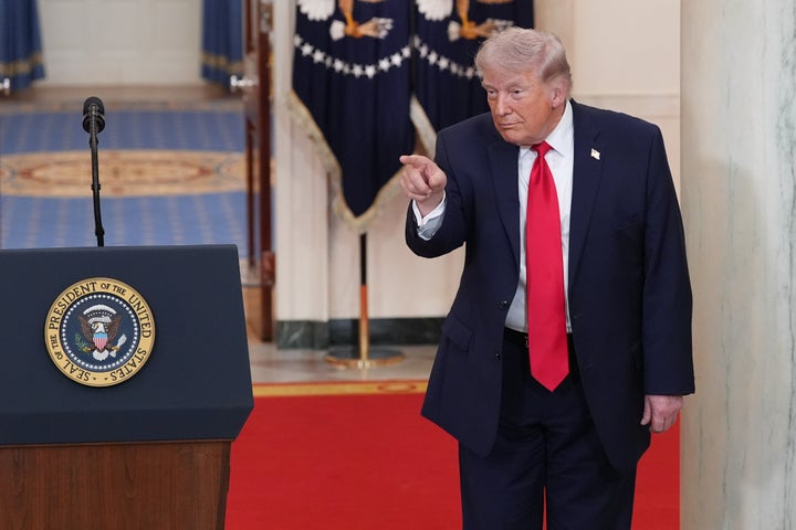 WASHINGTON, DC - APRIL 1: U.S. President Donald Trump acknowledges those in attendance after speaking from the Cross Hall of the White House on April 1, 2026 in Washington, DC. Trump used the prime-time address to update the nation on the war in Iran.