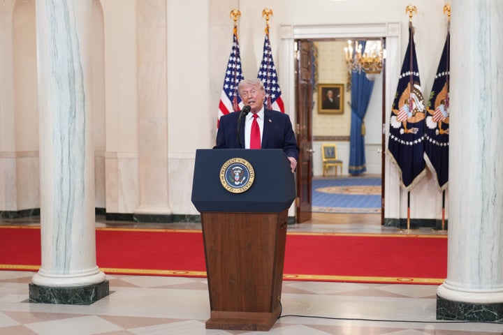 WASHINGTON, DC - APRIL 1: U.S. President Donald Trump addresses the nation from the Cross Hall of the White House on April 1, 2026 in Washington, DC. Trump used the prime-time address to update the nation on the war in Iran.