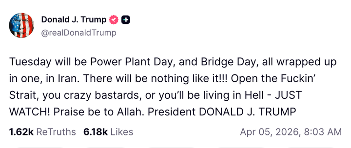 President Donald Trump's unhinged message to Iran in a post to his Truth Social platform on Sunday.