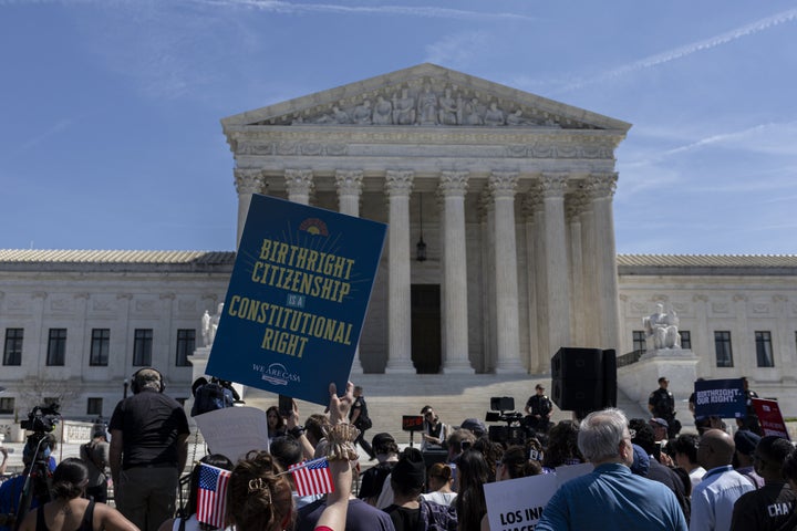 Demonstrators rally in support of birthright citizenship outside the U.S. Supreme Court on April 1, 2026, in Washington, D.C.