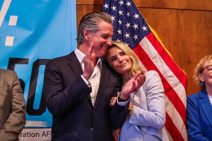 California Gov. Gavin Newsom and first partner Jennifer Siebel-Newsom embrace during a campaign event in support of Proposition 50 in San Francisco on Nov. 3, 2025.