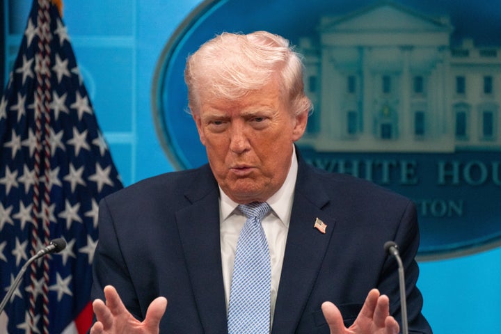 President Donald Trump speaks to reporters at a briefing on April 6, 2026 at the White House in Washington, D.C. Trump has threatened to bomb all of Iran's power plants and bridges if Iran does not meet his Tuesday 8 p.m. EDT deadline to allow shipping traffic to fully resume through the Strait of Hormuz.