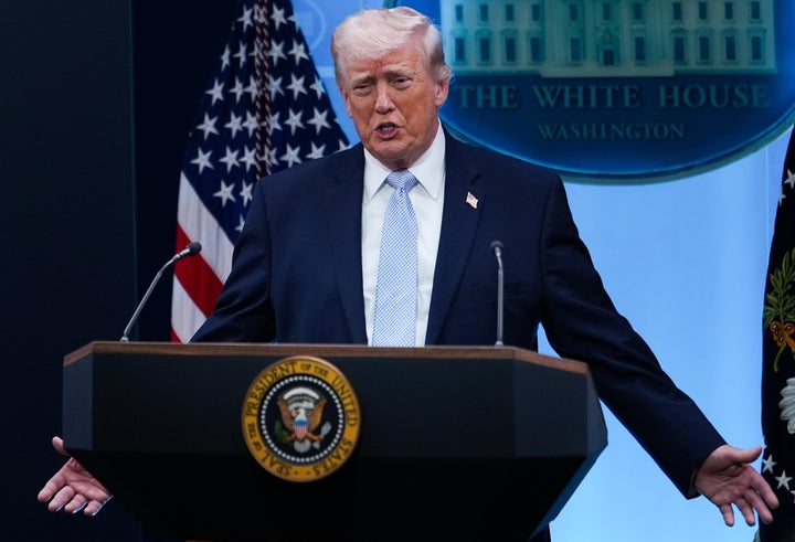 President Donald Trump speaks to reporters Monday in the James Brady Press Briefing Room.