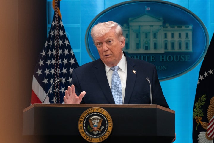 President Donald Trump speaks to reporters at a briefing Monday at the White House.