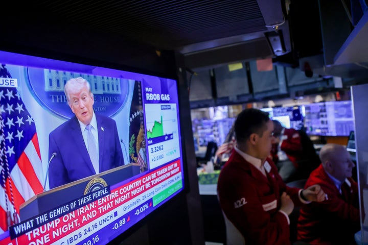 A television station broadcasts a news conference with US President Donald Trump on the floor of the New York Stock Exchange (NYSE) in New York, US, on Monday, April 6, 2026. (Michael Nagle/Bloomberg via Getty Images)