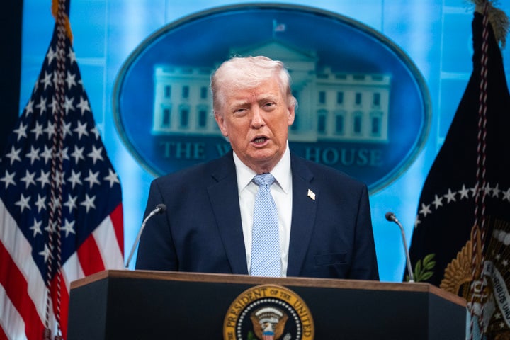  President Donald Trump conducts a news conference in the White House briefing room about the war in Iran on Monday, April 6, 2026. (Tom Williams/CQ-Roll Call, Inc via Getty Images)