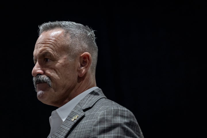 Riverside County Sheriff Chad Bianco, who’s also a Republican candidate for California governor, speaks to the press at an event in downtown Los Angeles.