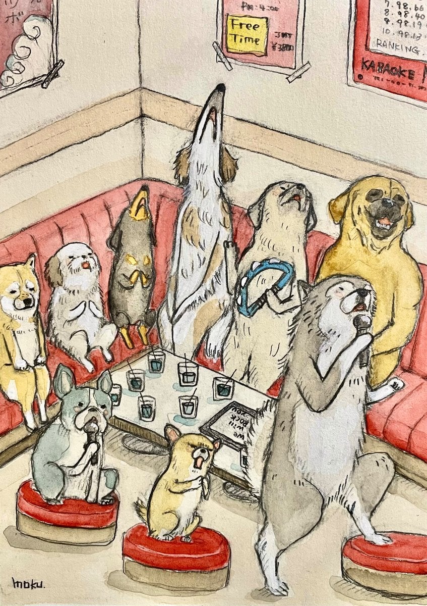 犬たちがカラオケパーティーしたら…？⇨もしもイラストに「柴犬帰りたそうw」「私やん」と共感集まる