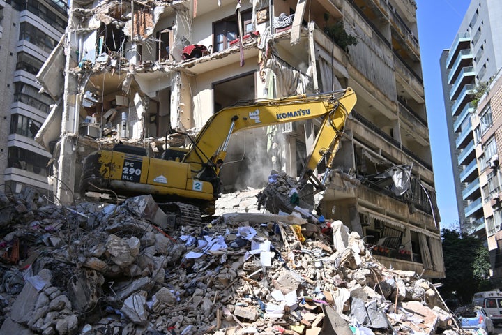 A view of the destruction in Ain El Mraiseh area after Israeli strikes, where buildings suffer heavy damage and debris removal operations begin, in Beirut, capital of Lebanon, on April 9, 2026.