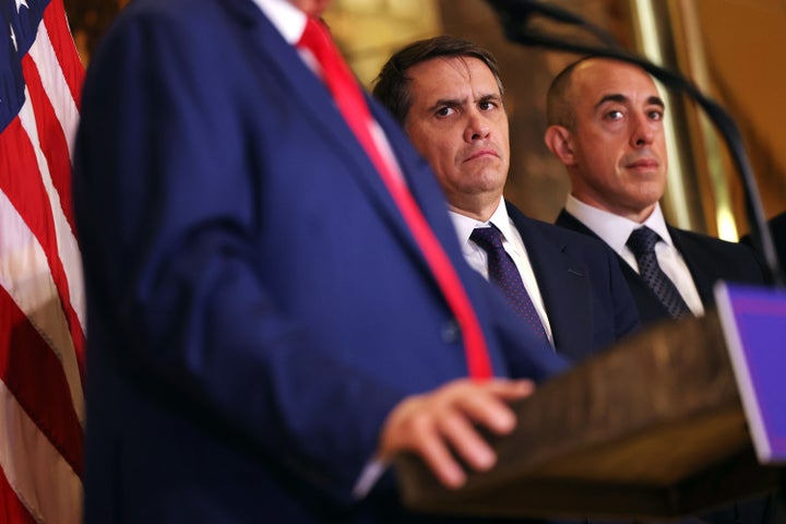 Todd Blanche (center) looks up at President Donald Trump as he speaks during a press conference at Trump Tower on September 6, 2024, in New York City.