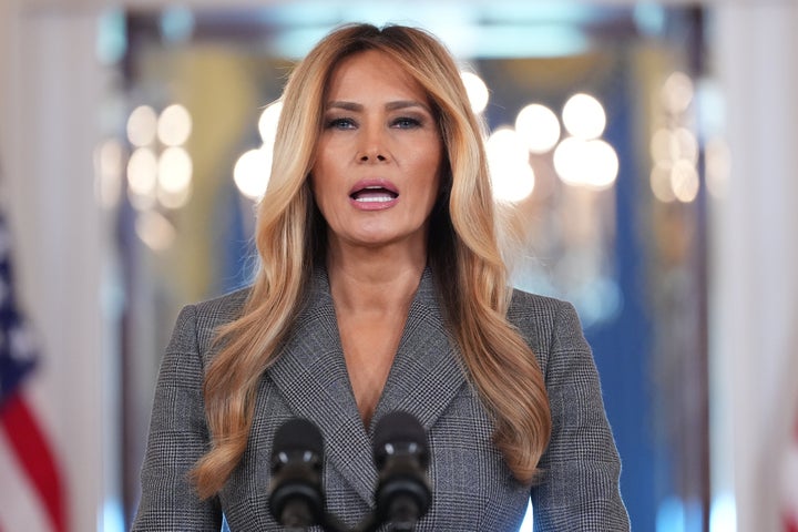 First Lady Melania Trump speaks to reporters on April 9, 2026, in the Grand Foyer of the White House in Washington.
