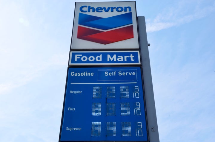High gas prices are displayed at a Chevron gas station amid the war in Iran on April 9, 2026 in Los Angeles, California.