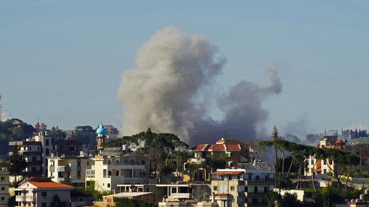 Smoke rises from the site of an Israeli airstrike that targeted an area in the southern Lebanese city of Nabatieh on April 11, 2026. (Photo by Abbas FAKIH / AFP via Getty Images)