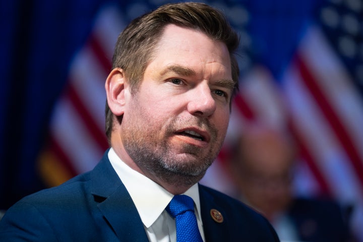 Rep. Eric Swalwell, D-Calif., speaks during the House Democrats hearing marking the five year anniversary of the attack on the Capitol, in the Capitol Visitor Center on Tuesday, January 6, 2026. (Tom Williams/CQ-Roll Call, Inc via Getty Images)