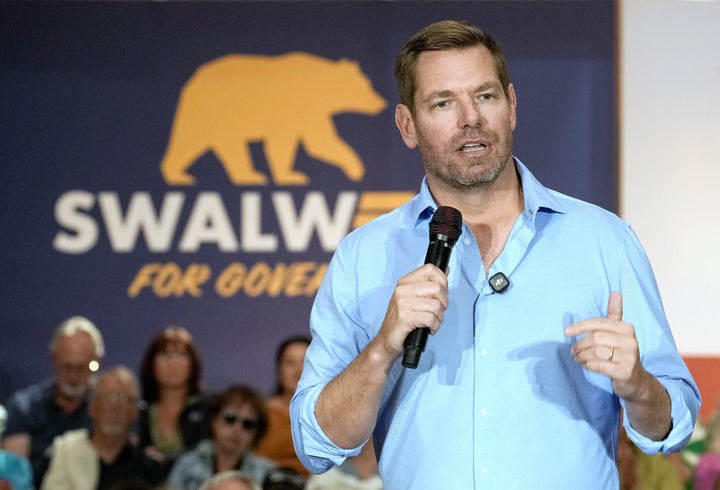 California gubernatorial candidate, Rep. Eric Swalwell, D-CA, appears at a town hall meeting in Sacramento, Calif., Tuesday, April 7, 2026. (AP Photo/Rich Pedroncelli)